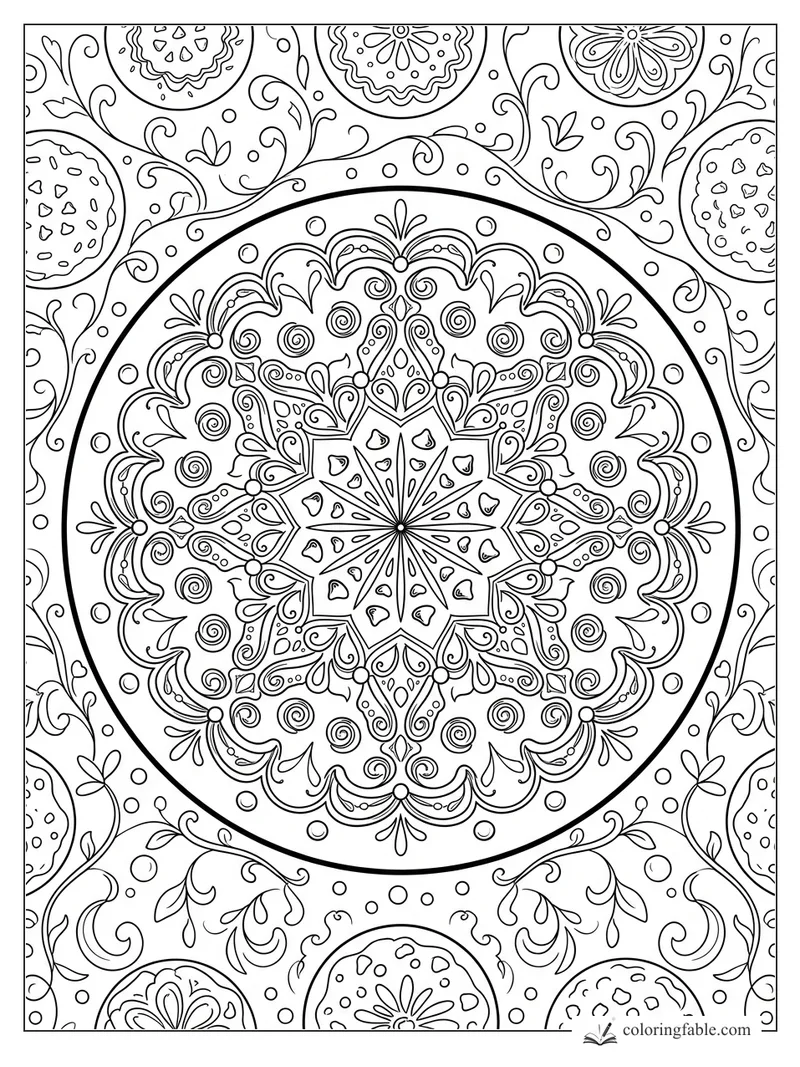 Intricate cookie mandala with scalloped icing, heart sprinkles, swirls, dots, and round cookies
