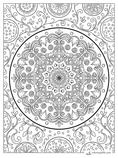 Intricate cookie mandala with scalloped icing, heart sprinkles, swirls, dots, and round cookies