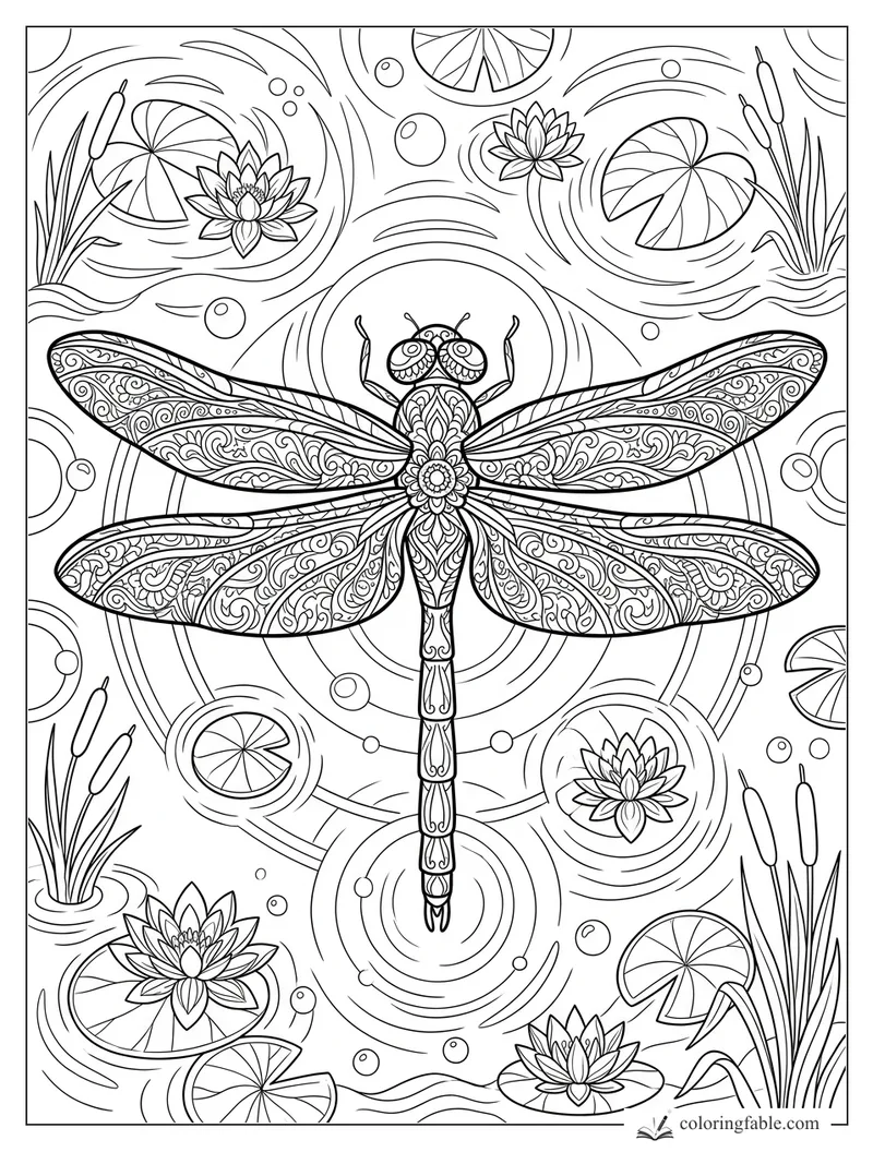 Intricate dragonfly mandala over lily pads, lotus flowers, cattails, bubbles, and pond ripples.