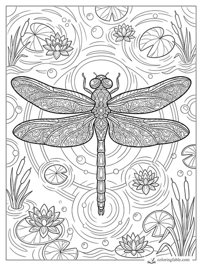 Intricate dragonfly mandala over lily pads, lotus flowers, cattails, bubbles, and pond ripples.