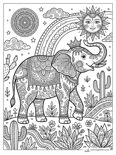 Intricate boho elephant with patterned blanket, cactus garden, rainbow, mandala moon, clouds, stars, and smiling sun