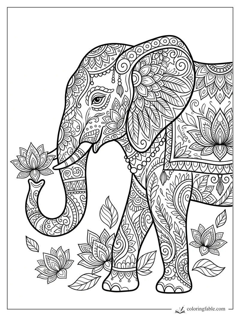 Intricate zentangle elephant with floral ear patterns, dangling beads, leaves, and a lotus held in its trunk