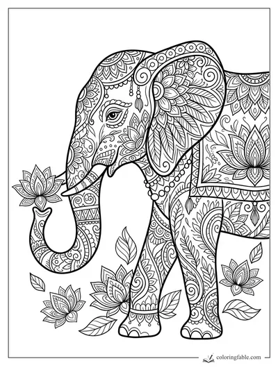 Intricate zentangle elephant with floral ear patterns, dangling beads, leaves, and a lotus held in its trunk