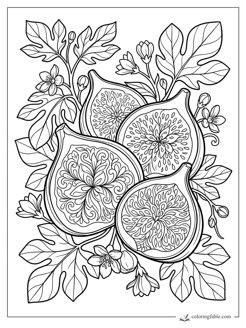 Intricate fig coloring page with sliced figs, floral centers, blossoms, buds, and lobed leaves.