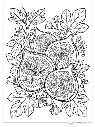 Intricate fig coloring page with sliced figs, floral centers, blossoms, buds, and lobed leaves.