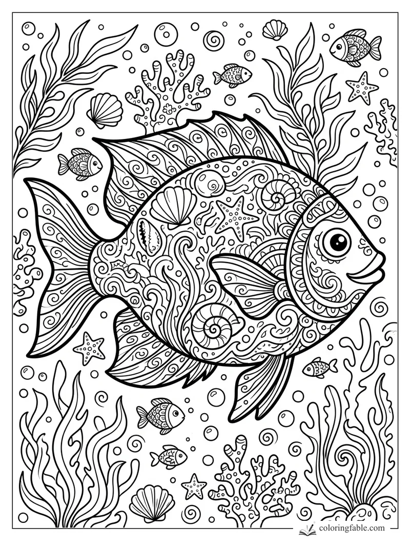 Intricate doodle fish with patterned fins, shells, coral, seaweed, bubbles, and small fish.