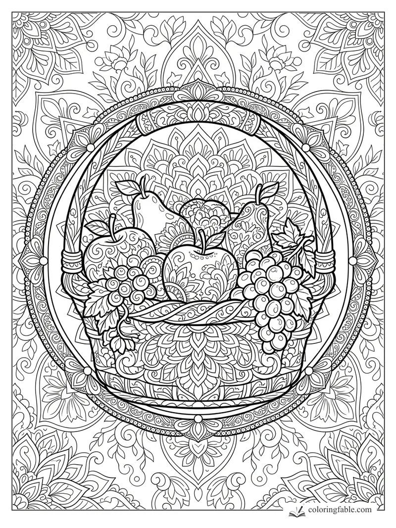 Intricate fruit basket mandala with apples, pears, grapes, leaves, and a beaded circular frame