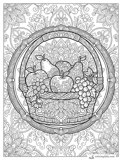 Intricate fruit basket mandala with apples, pears, grapes, leaves, and a beaded circular frame