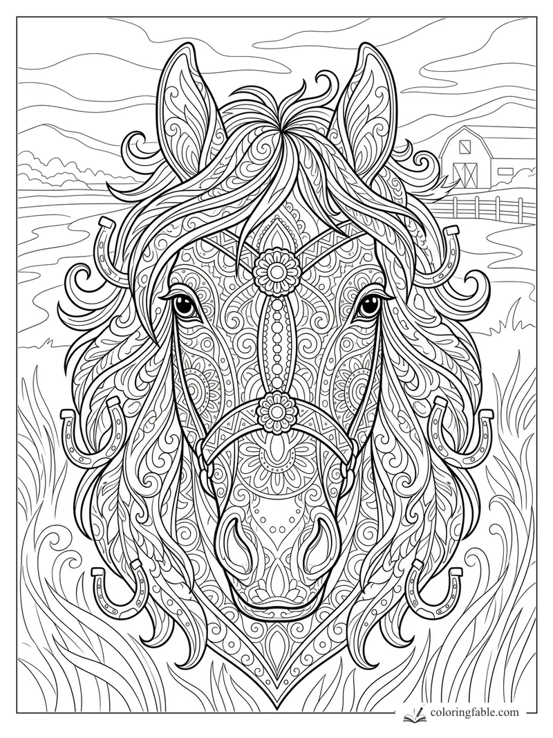 Intricate horse mandala with flowing mane, horseshoes, barn, fence, fields, and swirling sky lines