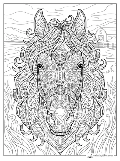 Intricate horse mandala with flowing mane, horseshoes, barn, fence, fields, and swirling sky lines