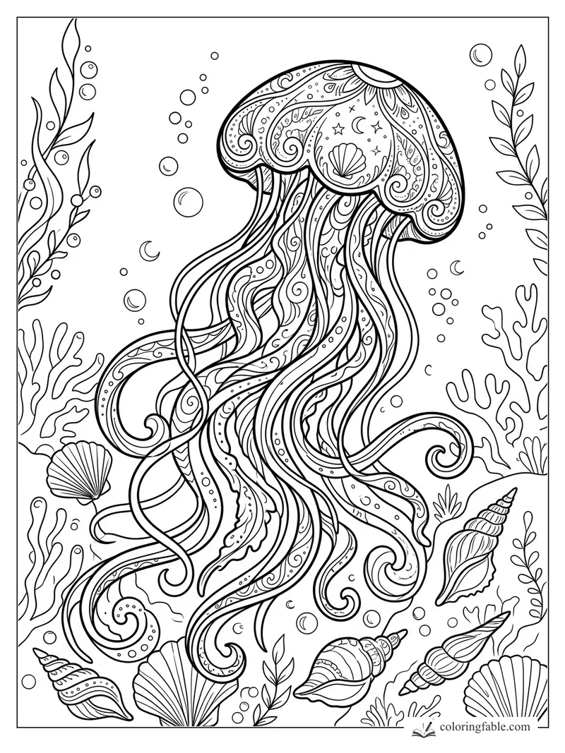 Ornate jellyfish coloring page with swirling tentacles, shells, bubbles, coral, and seaweed.