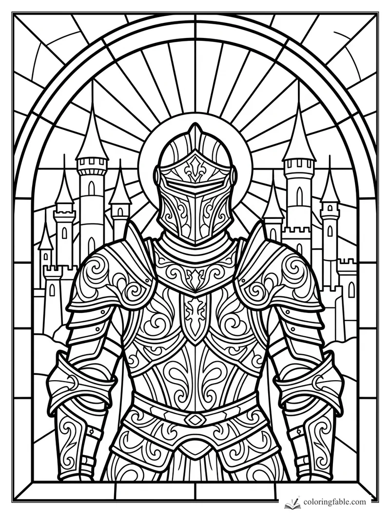 Intricate stained-glass knight in engraved armor with castle towers and sunburst arch behind him