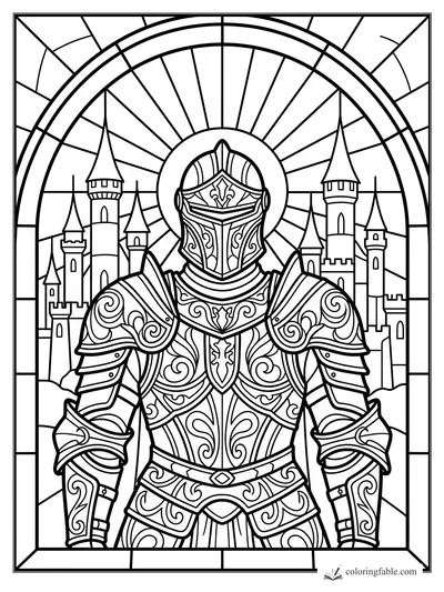 Intricate stained-glass knight in engraved armor with castle towers and sunburst arch behind him