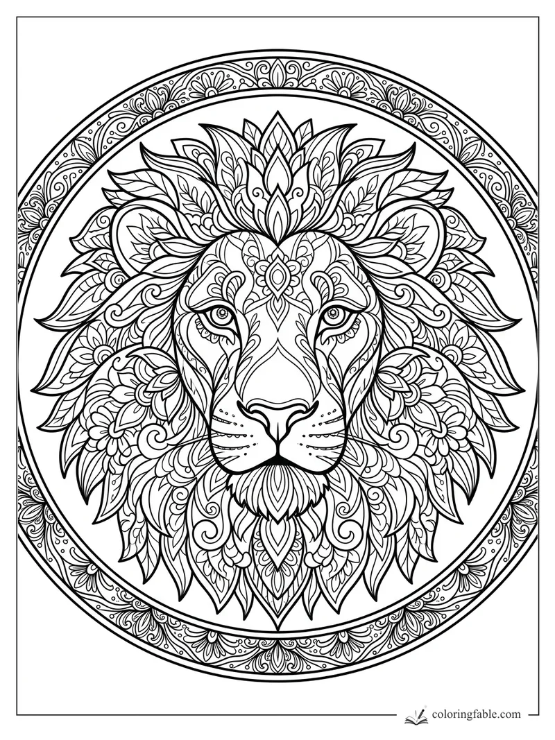 Intricate lion mandala coloring page with floral mane, calm eyes, and circular ornamental border