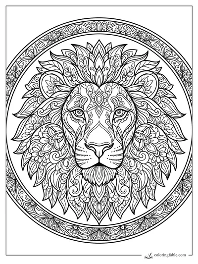 Intricate lion mandala coloring page with floral mane, calm eyes, and circular ornamental border
