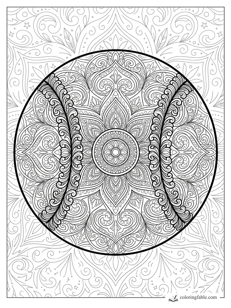 Intricate mandala baseball with bold curved seams, floral center, paisley swirls, stars, and leafy patterns.