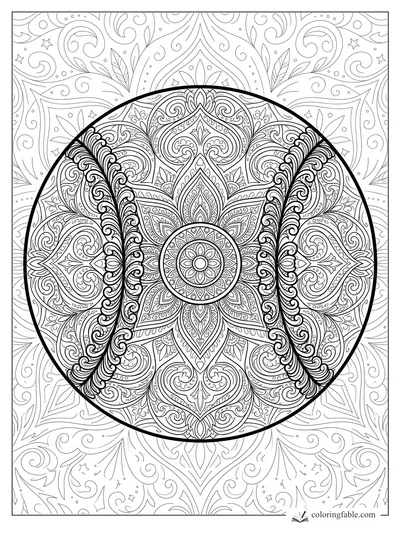 Intricate mandala baseball with bold curved seams, floral center, paisley swirls, stars, and leafy patterns.