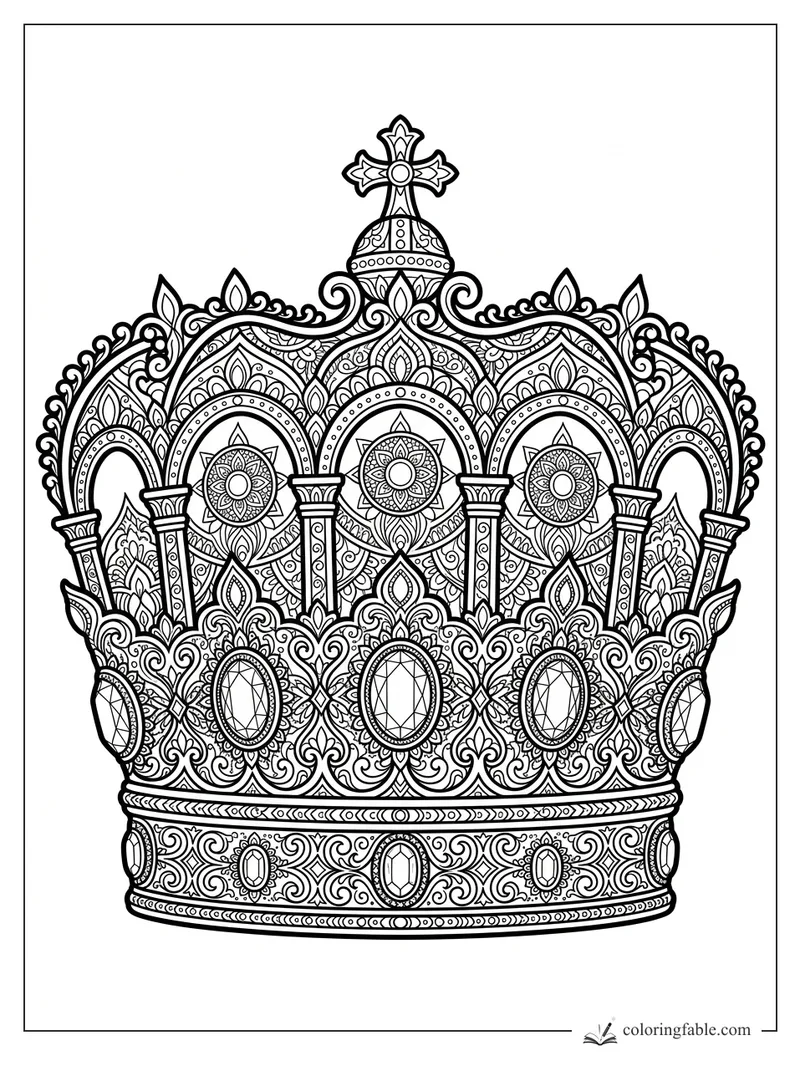 Intricate mandala crown with arches, floral scrolls, columns, and oval gemstones for coloring
