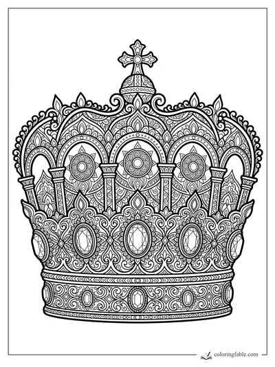 Intricate mandala crown with arches, floral scrolls, columns, and oval gemstones for coloring