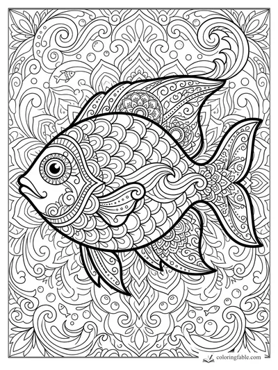 Intricate mandala fish with scalloped scales, paisley fins, bubbles, tiny fish, and swirling floral patterns.