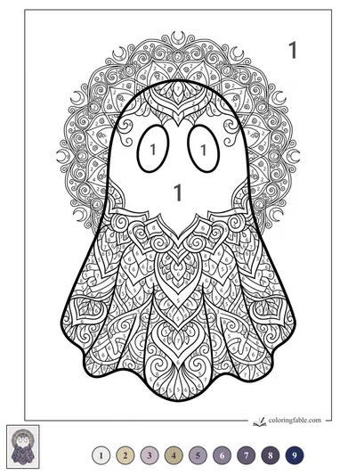 Ornate Mandala Ghost with Moonlit Halo — color by number