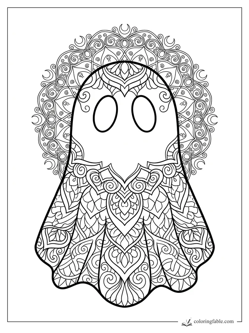 Intricate mandala ghost with oval eyes, floral cloak patterns, spirals, leaves, and crescent moons.