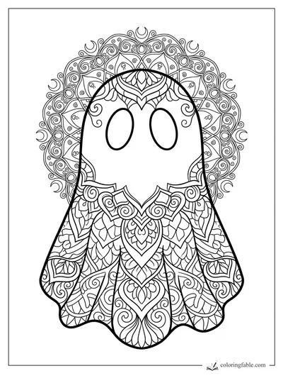 Intricate mandala ghost with oval eyes, floral cloak patterns, spirals, leaves, and crescent moons.