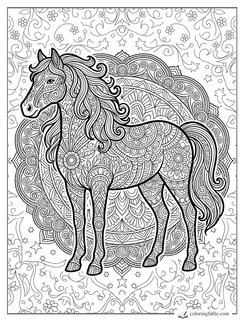Intricate mandala horse with flowing mane, floral patterns, scalloped circles, vines, and stars