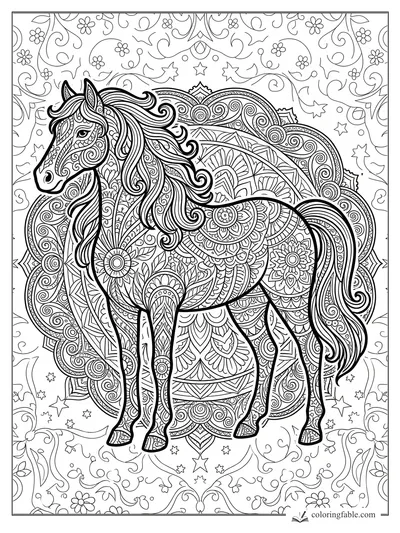 Intricate mandala horse with flowing mane, floral patterns, scalloped circles, vines, and stars