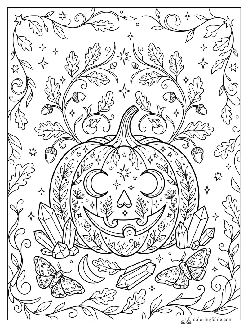 Intricate moon-eyed jack-o’-lantern with oak vines, acorns, crystals, moths, stars, and crescent moon