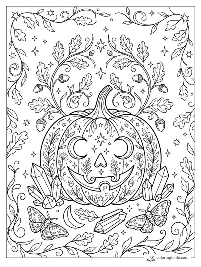 Intricate moon-eyed jack-o’-lantern with oak vines, acorns, crystals, moths, stars, and crescent moon