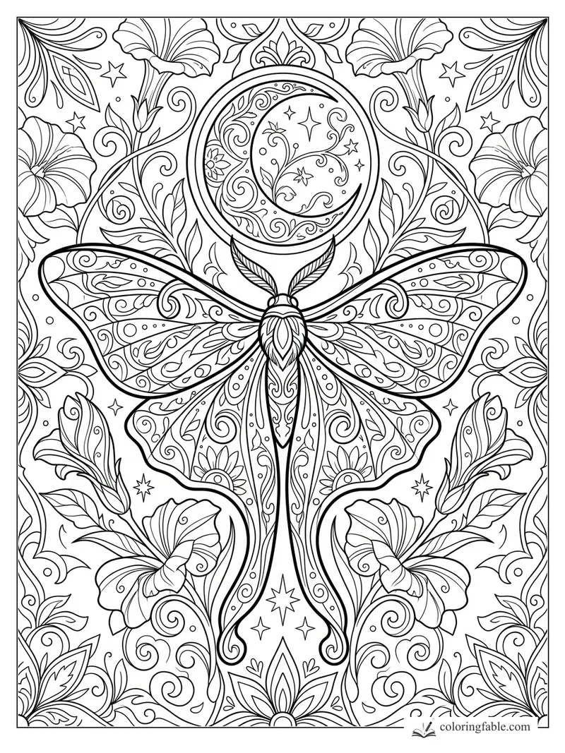 Intricate mandala moth with patterned wings, curling vines, flowers, stars, and a crescent moon.