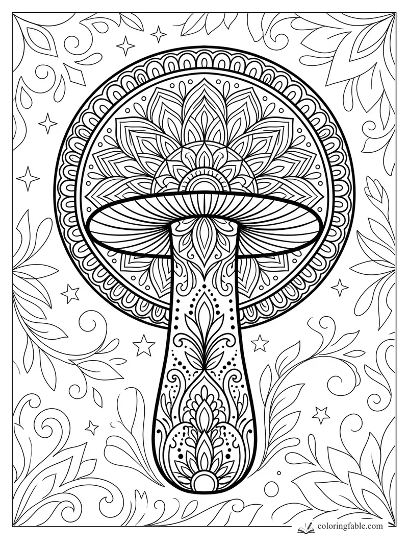 Intricate mushroom mandala with floral cap patterns, dotted stem designs, stars, leaves, and swirling vines.