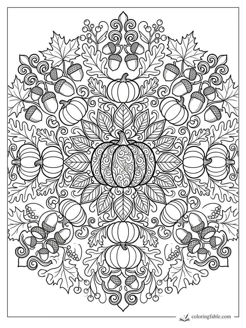 Intricate October mandala with a patterned pumpkin, acorns, maple leaves, oak leaves, berries, and curls.