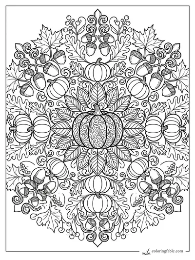 Intricate October mandala with a patterned pumpkin, acorns, maple leaves, oak leaves, berries, and curls.