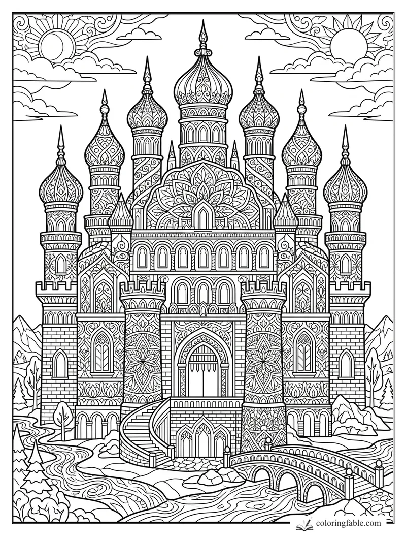 Intricate castle mandala with onion domes, arched gate, bridge, river, mountains, clouds, and two suns.