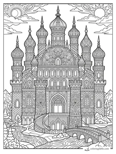 Intricate castle mandala with onion domes, arched gate, bridge, river, mountains, clouds, and two suns.