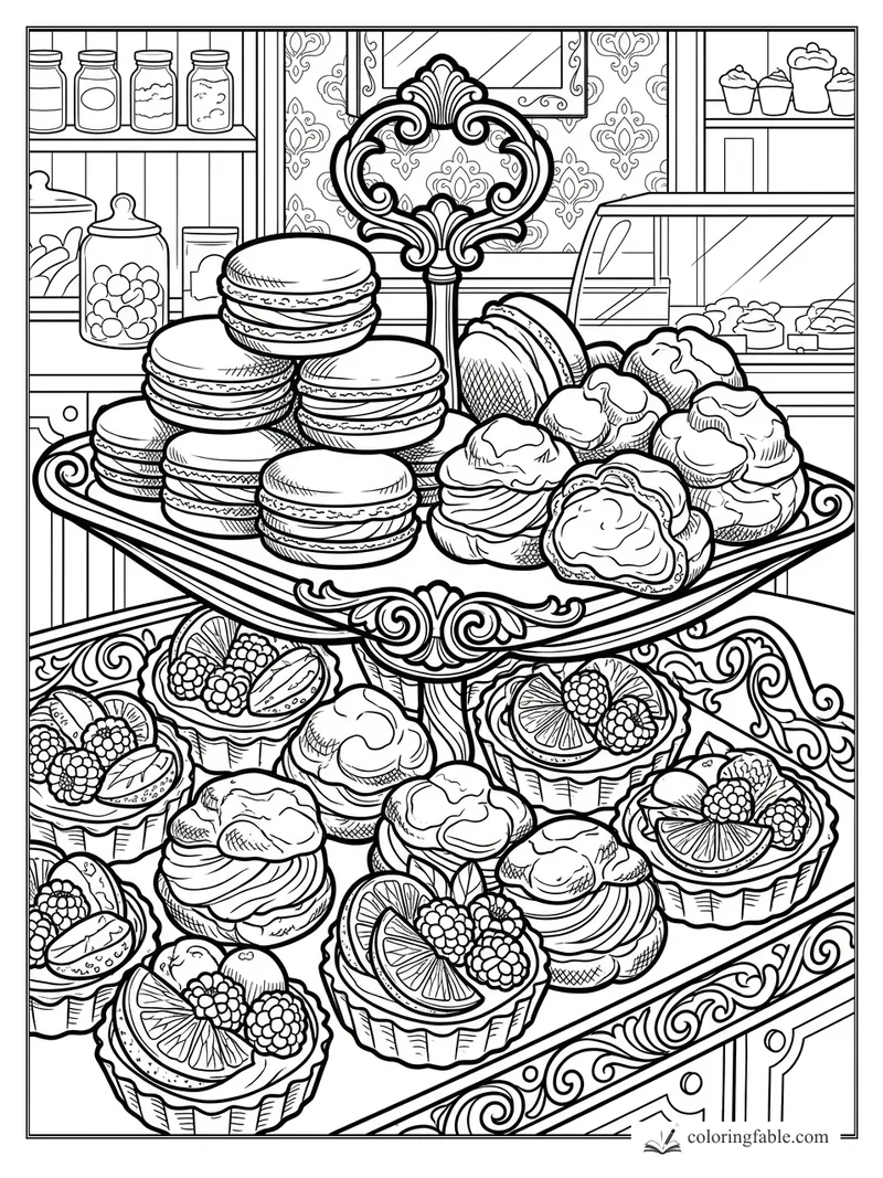 Intricate bakery coloring page with macarons, cream puffs, fruit tarts, jars, and ornate patisserie display trays