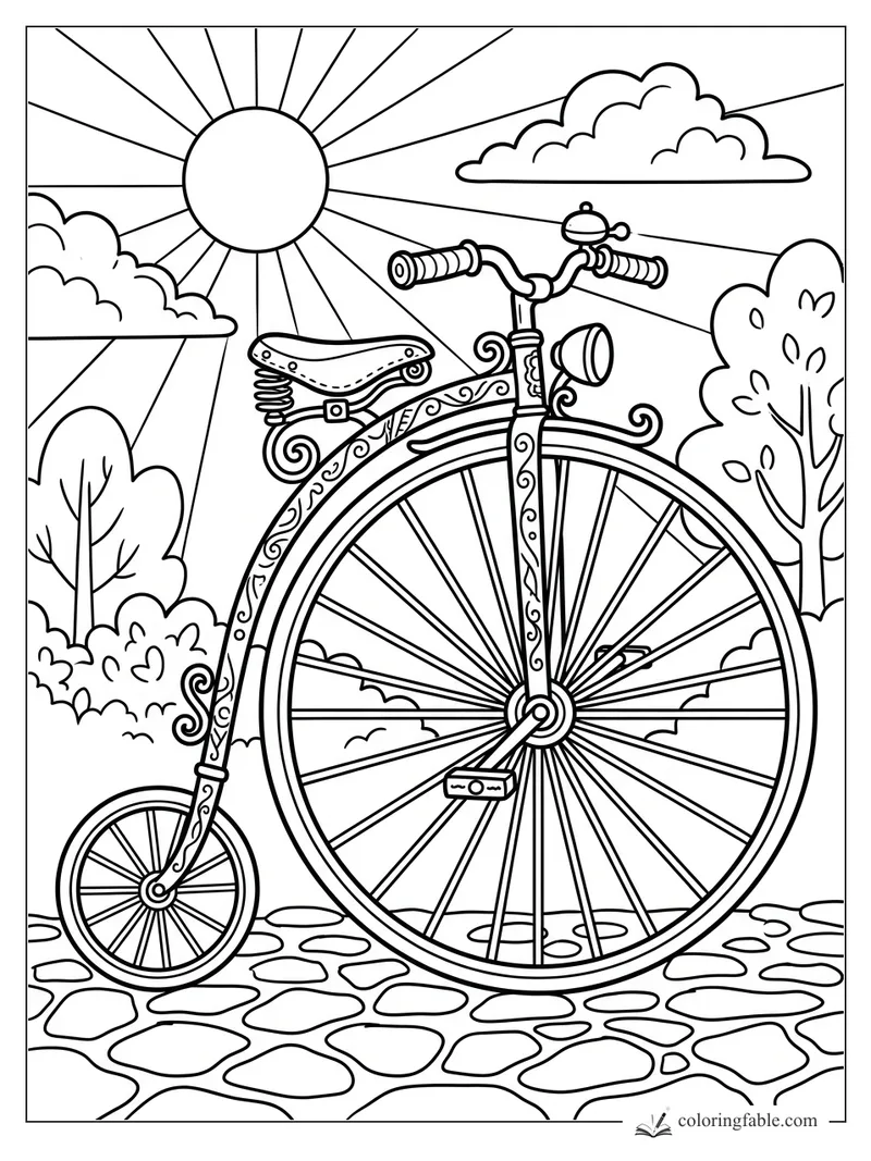 Vintage penny-farthing bicycle with ornate frame, large front wheel, sun rays, clouds, trees, and cobblestones.