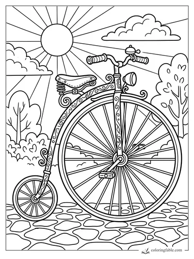 Vintage penny-farthing bicycle with ornate frame, large front wheel, sun rays, clouds, trees, and cobblestones.