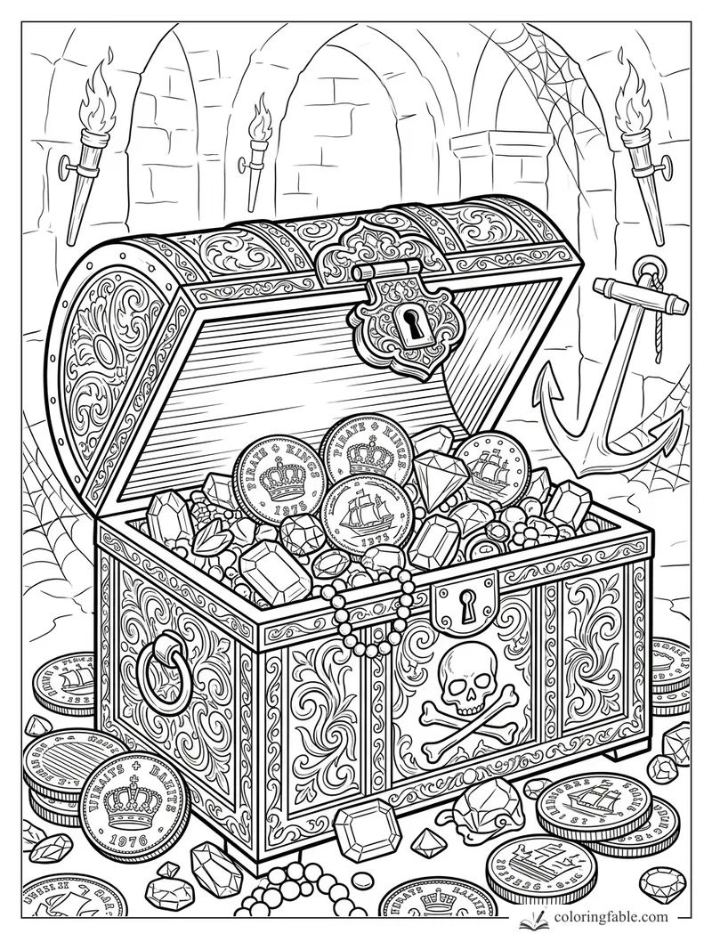 Open pirate treasure chest with coins, gems, skull panel, anchor, torches, arches, and cobwebs