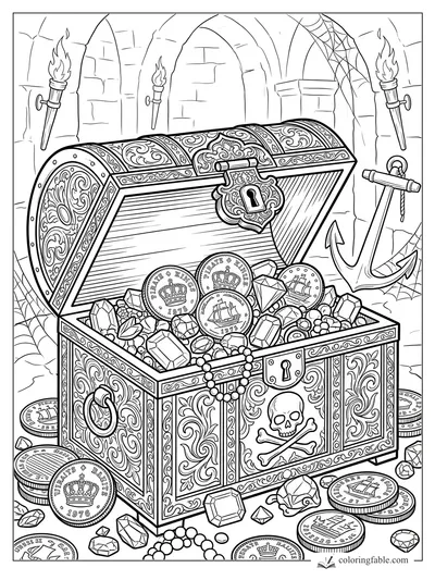 Open pirate treasure chest with coins, gems, skull panel, anchor, torches, arches, and cobwebs