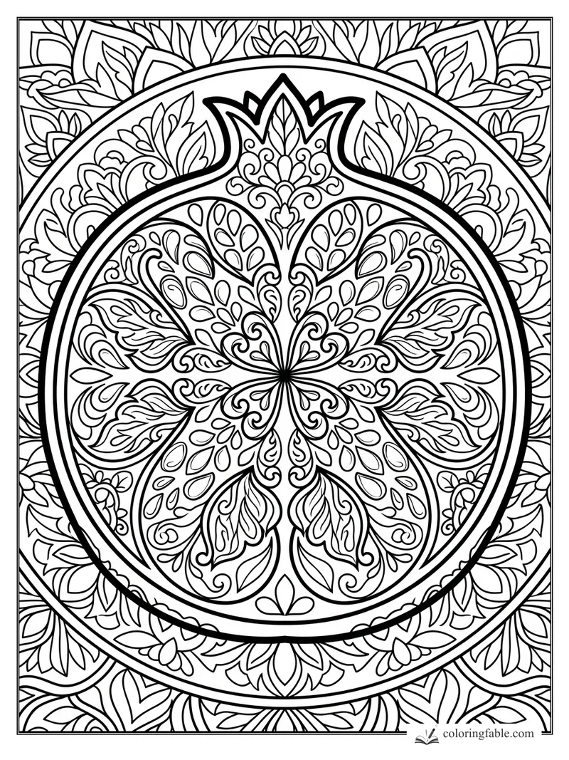 Intricate pomegranate mandala with seed shapes, leafy curls, and ornate circular borders