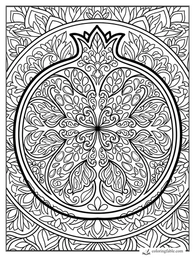 Intricate pomegranate mandala with seed shapes, leafy curls, and ornate circular borders