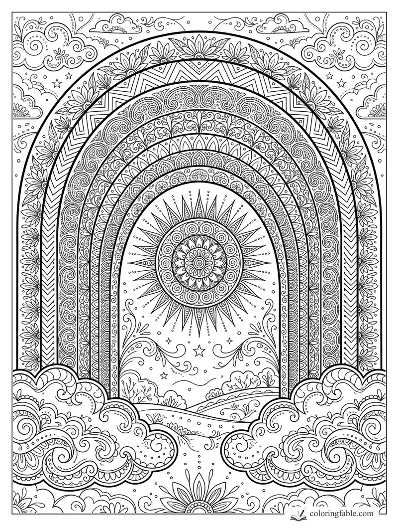 Intricate rainbow mandala with layered arches, floral patterns, sunburst center, stars, hills, and swirling clouds.