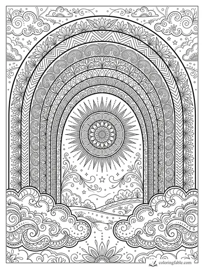 Intricate rainbow mandala with layered arches, floral patterns, sunburst center, stars, hills, and swirling clouds.