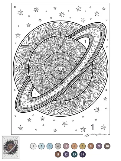 Ornate Ringed Planet Mandala — color by number