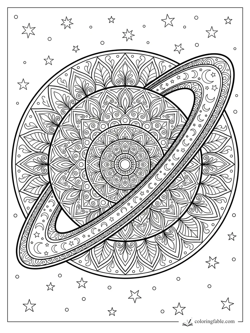 Intricate mandala coloring page of a ringed planet with moons, stars, petals, and swirling space patterns.