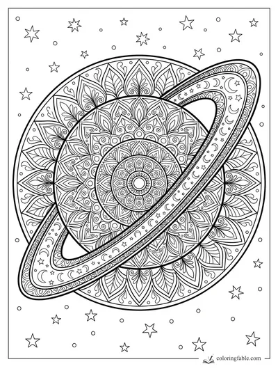Intricate mandala coloring page of a ringed planet with moons, stars, petals, and swirling space patterns.