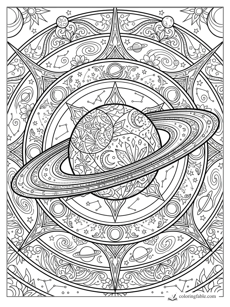 Intricate mandala coloring page with a ringed planet, stars, constellations, moons, flowers, and swirling space patterns.